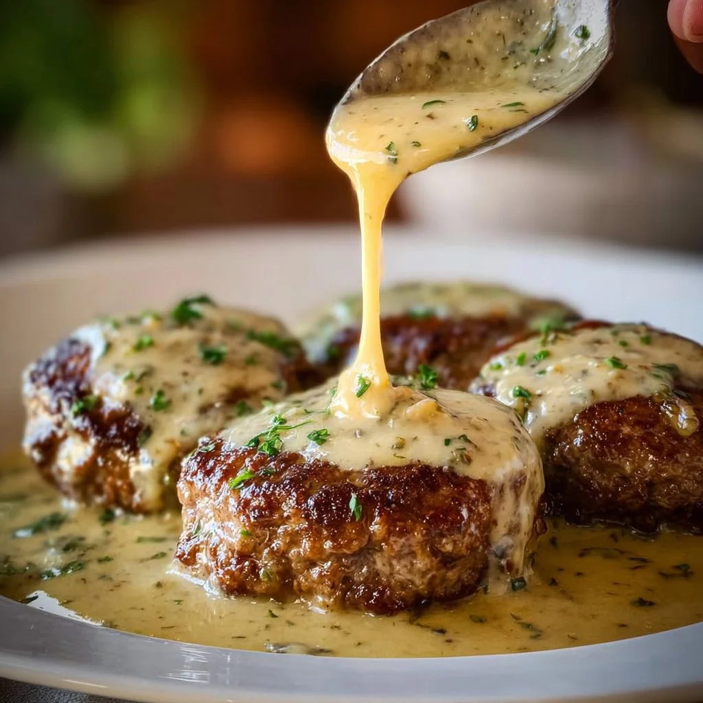 Savor Homemade Salisbury Steaks in Horseradish Parmesan Sauce