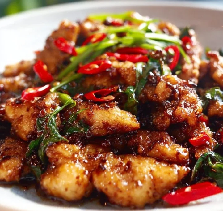 Pan-fried Kam Heong Chicken garnished with herbs and spices