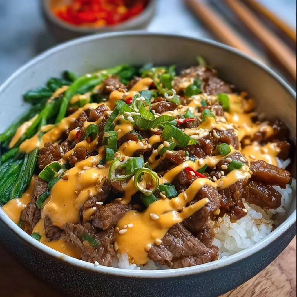 Savory beef bulgogi bowl topped with creamy spicy sauce and fresh vegetables
