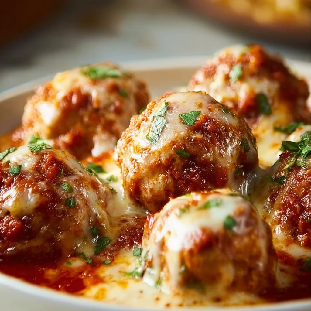 Savory Slow Cooker Chicken Parmesan Meatballs served with marinara sauce.