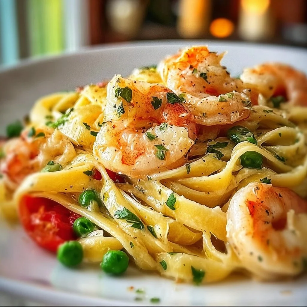Shrimp Pasta Primavera with colorful vegetables and shrimp in a light sauce