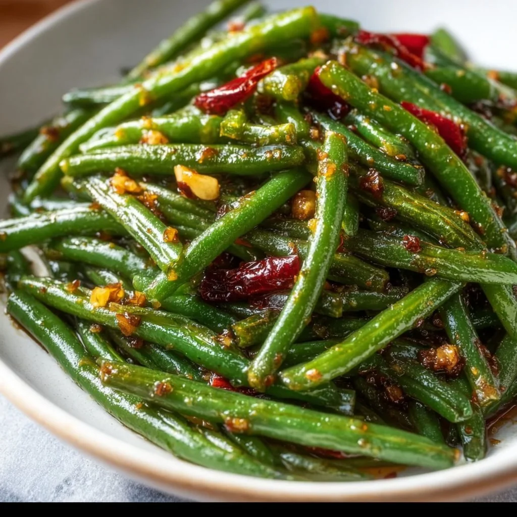 Sizzling garlic chili green beans served in a bowl, perfect for a quick side dish.