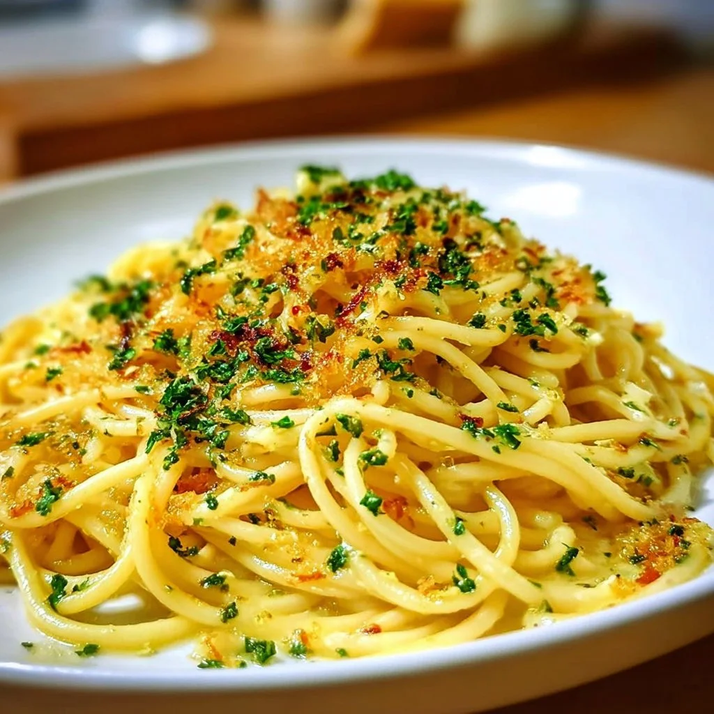 A plate of spaghetti with garlic and oil garnished with parsley.