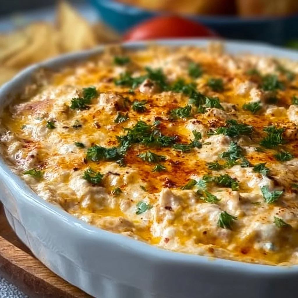 Delicious spicy creamy chicken dip served in a bowl, perfect for appetizers.