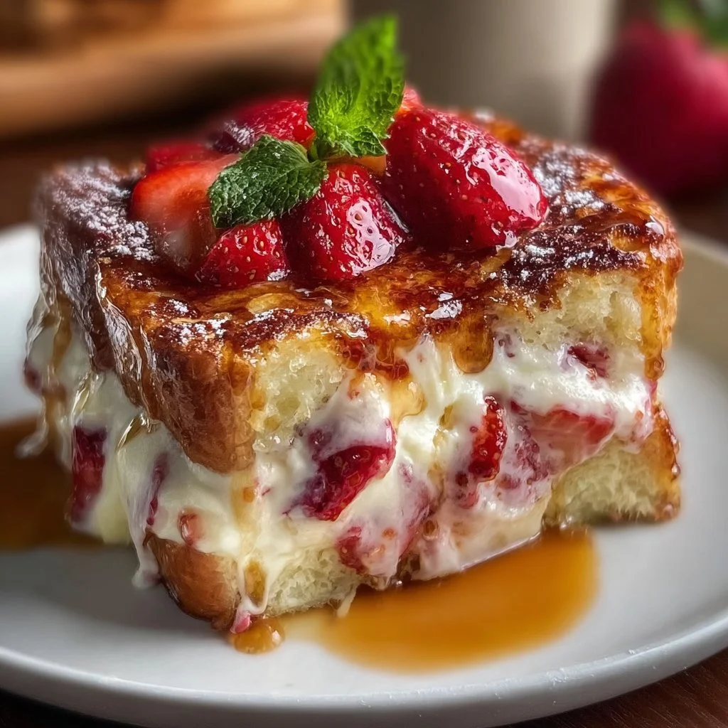 Strawberry Cream Cheese French Toast Casserole baked dish with strawberries and cream cheese