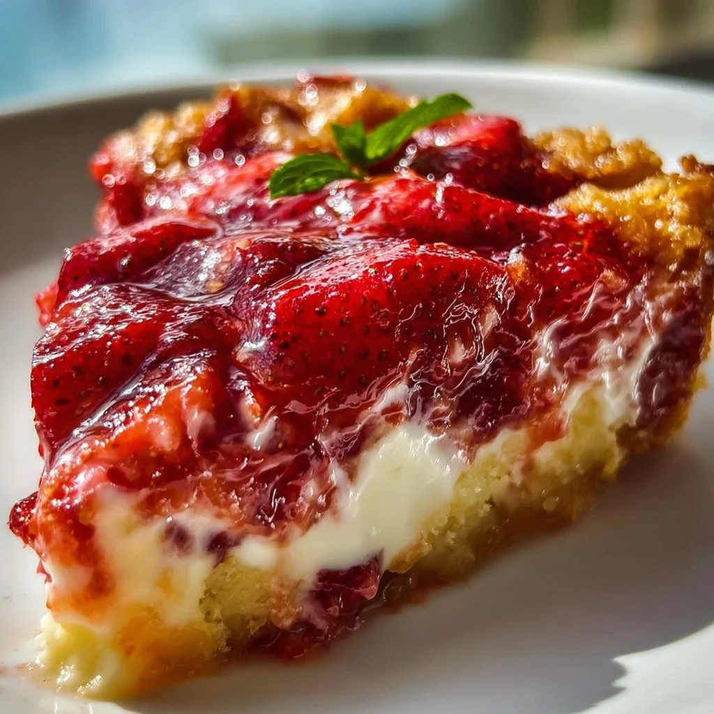 Homemade Strawberry Dump Cake topped with fresh strawberries and whipped cream