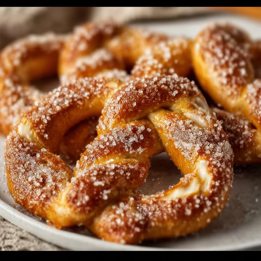 Sweet and soft homemade cinnamon sugar pretzels on a plate
