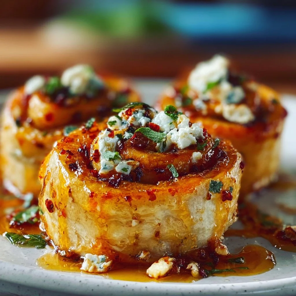 Delicious Sweet Chili Honey Feta Rolls garnished with herbs and chili flakes