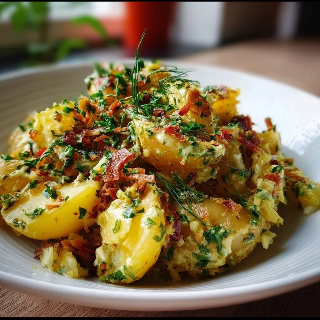 Bowl of tangy German potato salad with fresh herbs and dressing