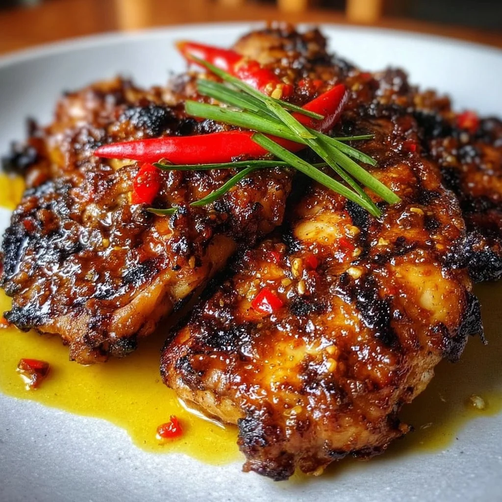 Tender spicy grilled Indonesian chicken garnished with herbs on a platter.