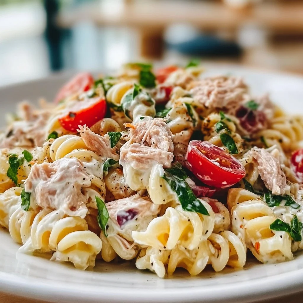 Healthy Tuna Pasta Salad made with Greek Yogurt and fresh vegetables
