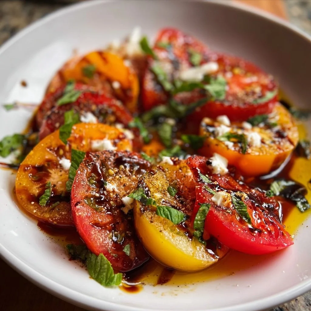 Colorful vegetarian heirloom tomato salad with fresh ingredients.