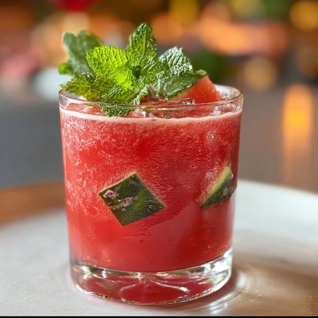 Refreshing watermelon mint mocktail served in a glass with mint leaves.