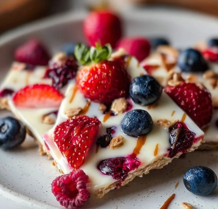 Berry Bliss Yogurt Bark topped with fresh berries on a marble surface