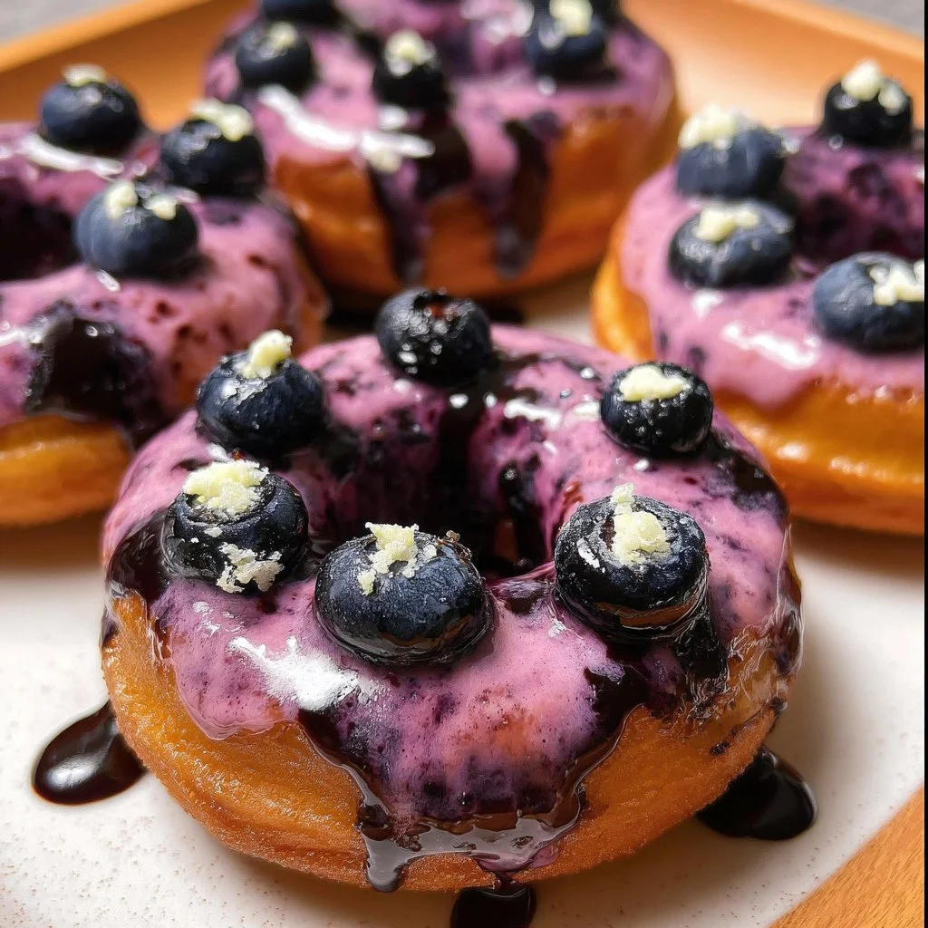 Freshly baked blueberry cake donuts topped with icing and blueberries