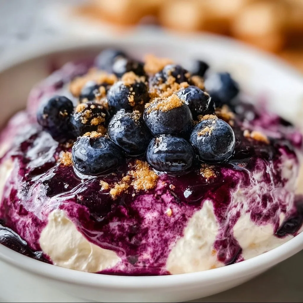 Delicious blueberry cheesecake dip served in a bowl