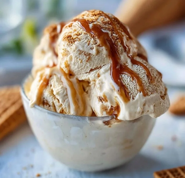 Homemade Biscoff ice cream served in a bowl with Biscoff cookies on top.