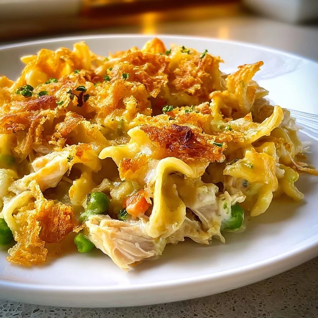 Crunchy chicken noodle casserole with vegetables in a baking dish