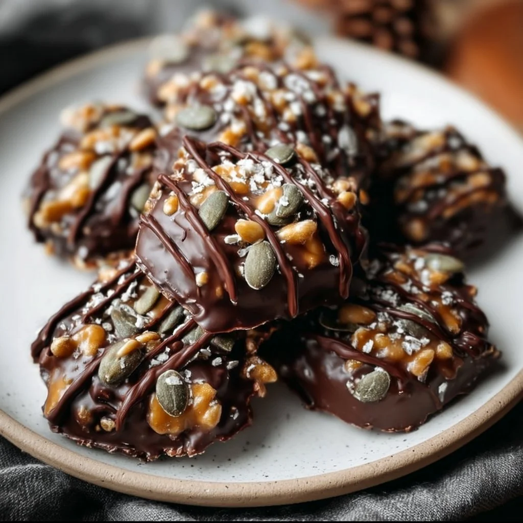 Crunchy chocolate treat dessert with nuts and crispy elements.