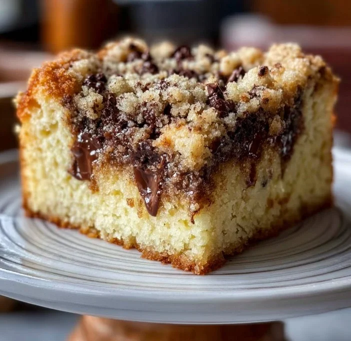 A slice of decadent chocolate chip ricotta cake topped with crumbles.