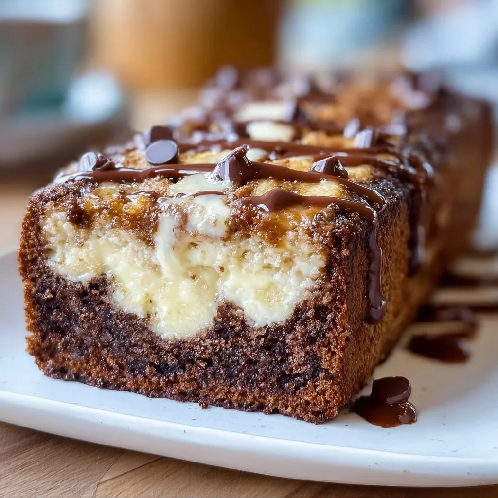 Decadent chocolate cream cheese banana bread loaf on a rustic wooden table.
