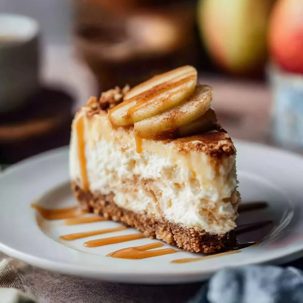 Slice of delicious apple cider cheesecake garnished with cinnamon and apples