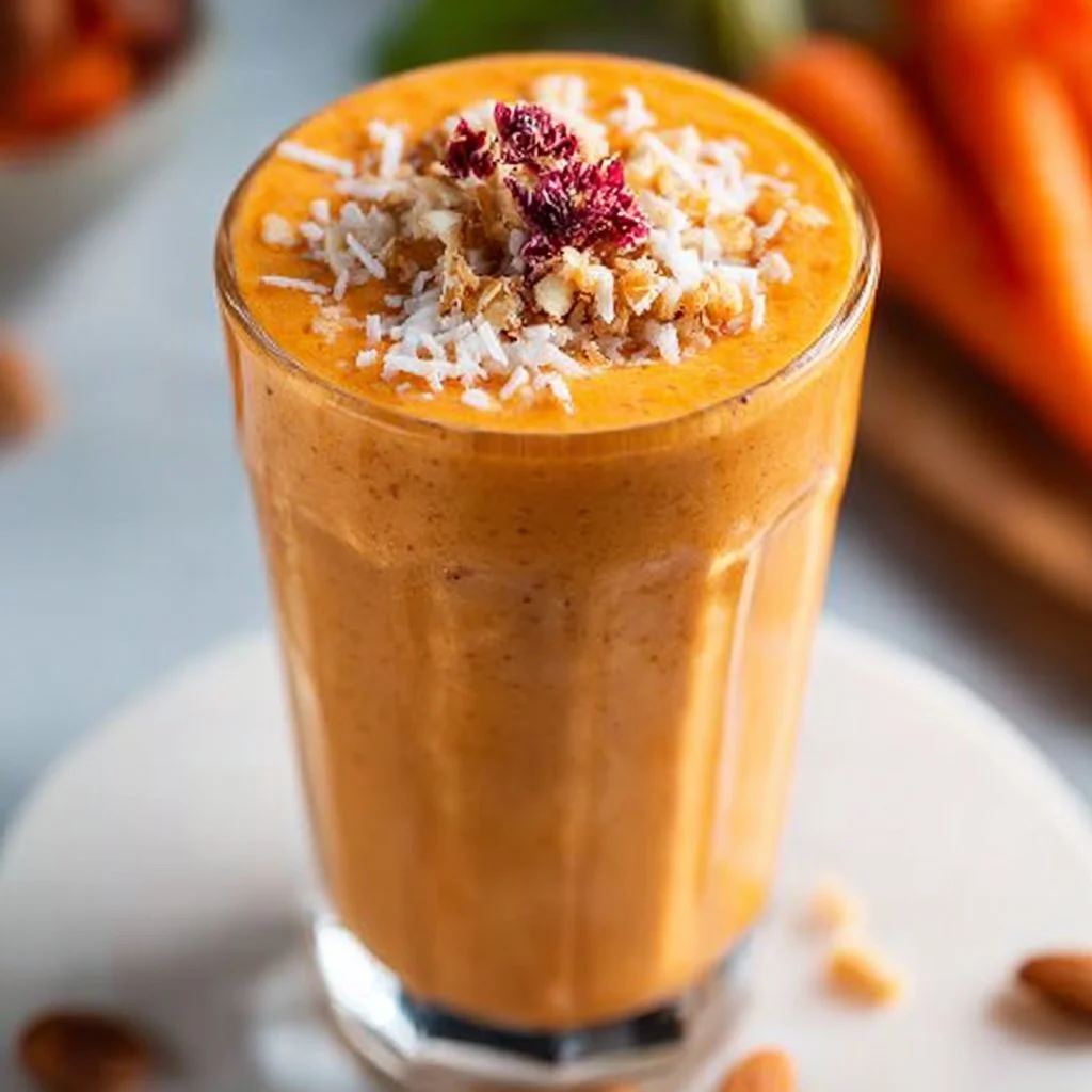 Healthy carrot cake smoothie in a glass topped with cinnamon and a carrot slice.
