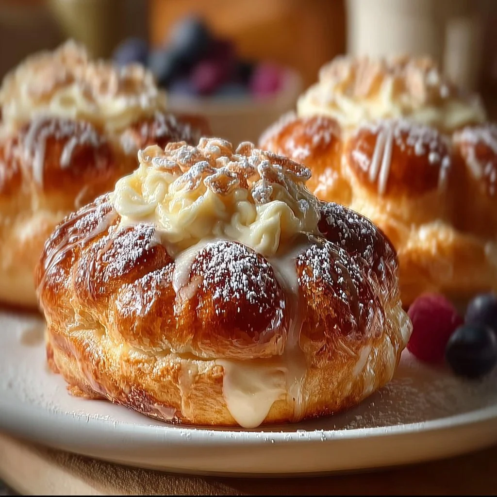 Delicious Danish Carnival Buns with creamy cheesecake filling on a festive table