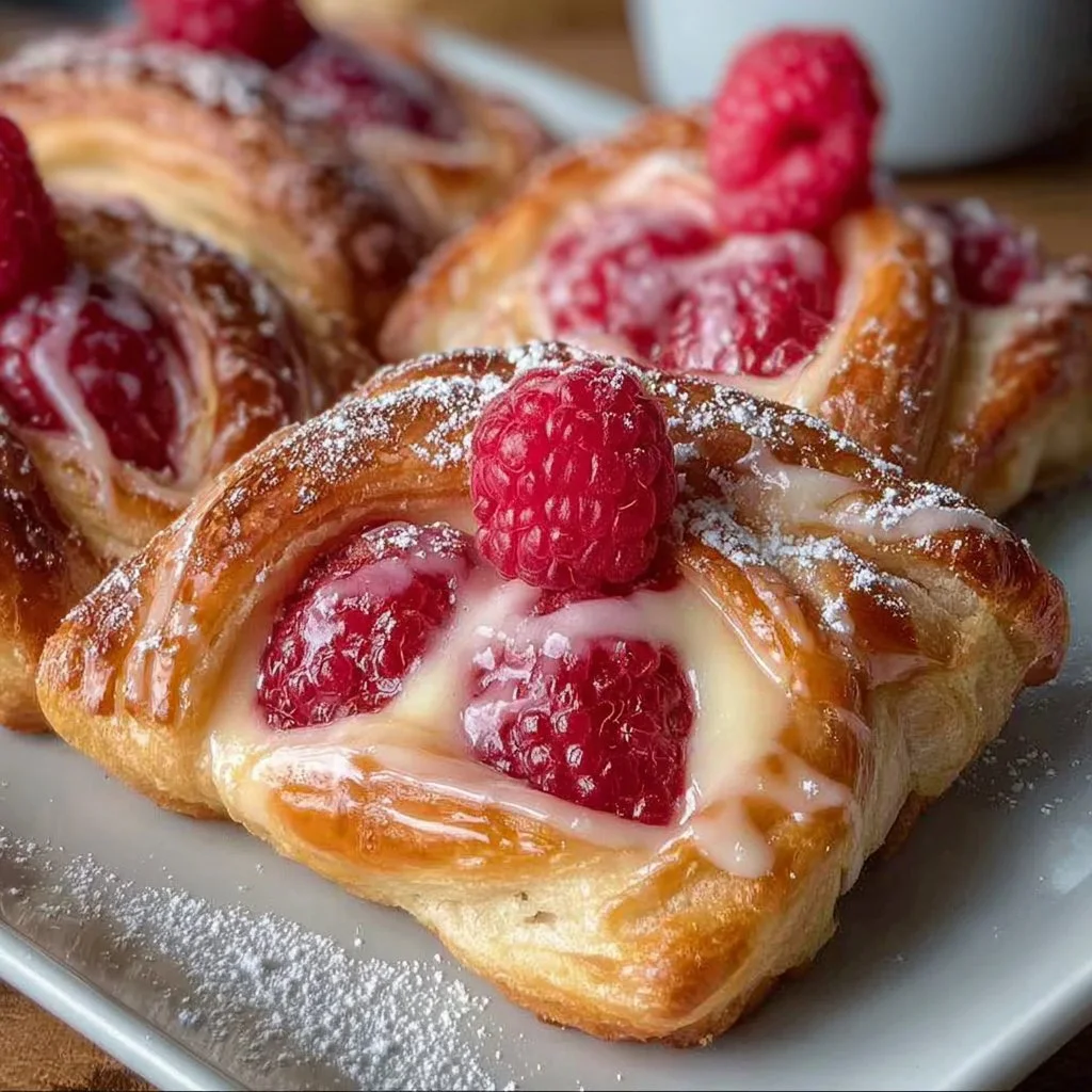 Freshly baked raspberry Danish pastry on a rustic table