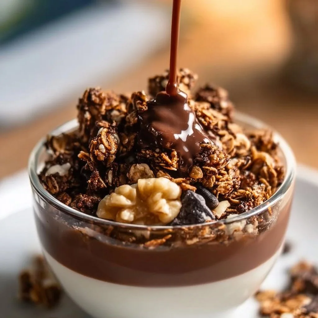 Bowl of easy chocolate espresso granola topped with nuts and dried fruits