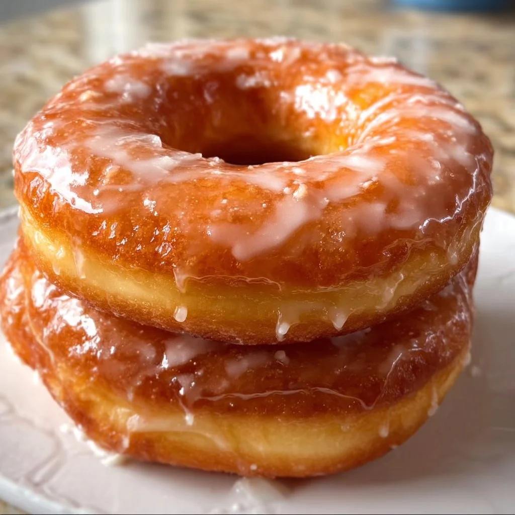 Freshly baked glazed doughnuts on a plate.