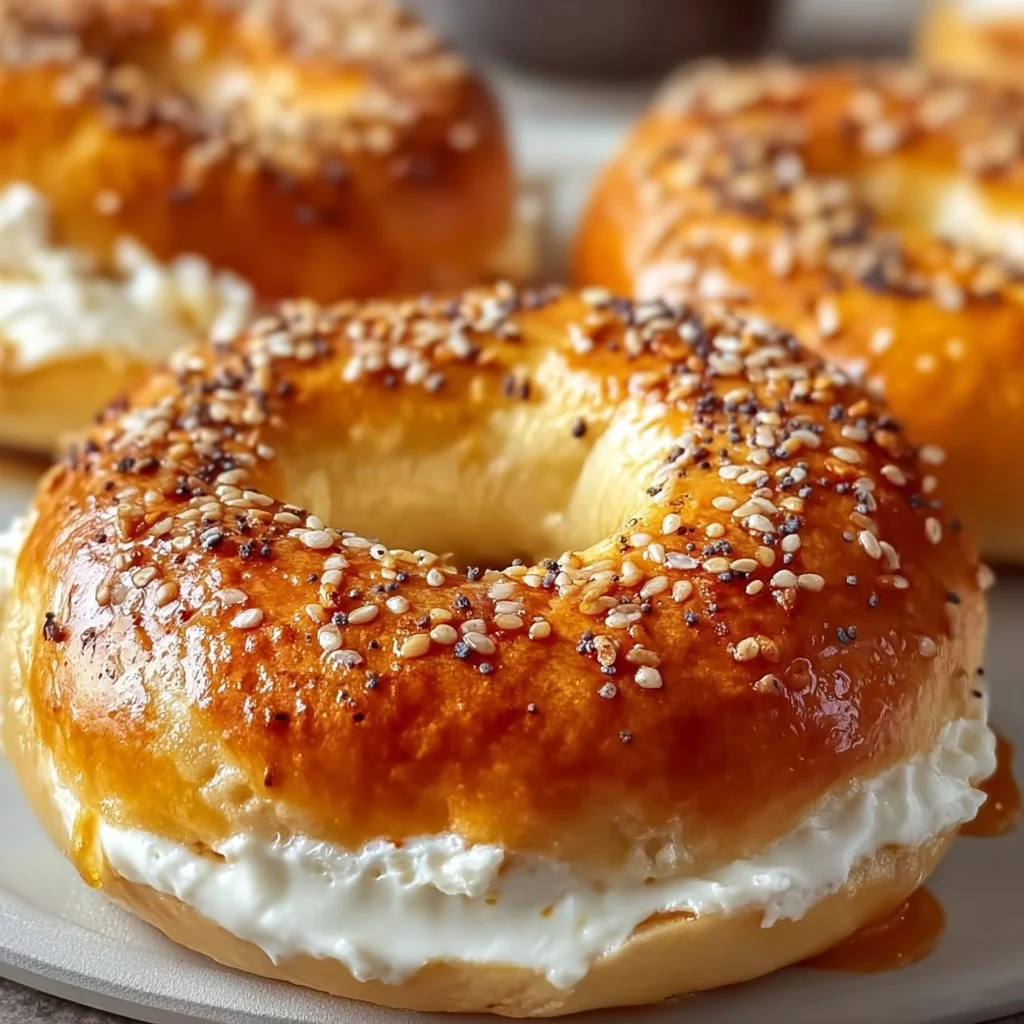 Freshly baked Greek Yogurt Bagels on a wooden table