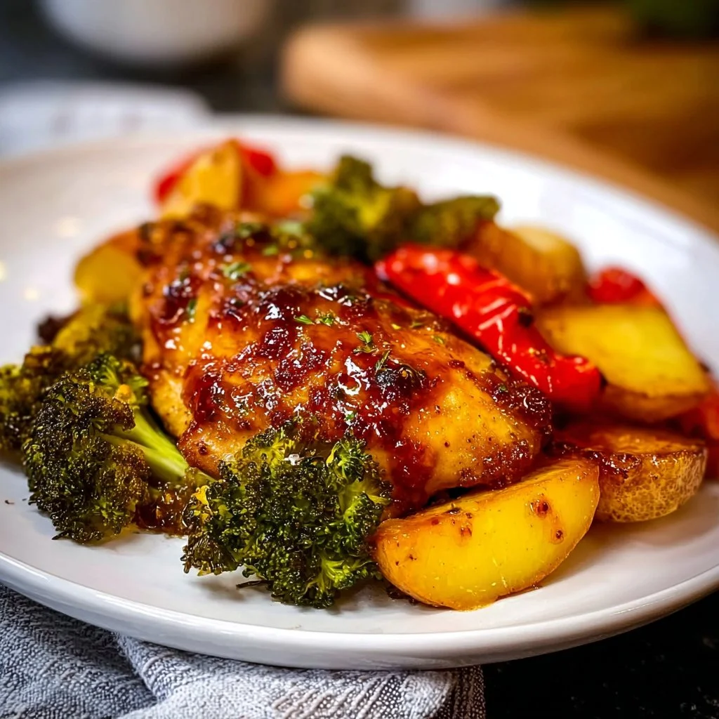Honey Garlic Chicken sheet pan meal with roasted veggies on a table