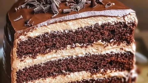 Decadent double layer chocolate cake with rich frosting and chocolate decorations