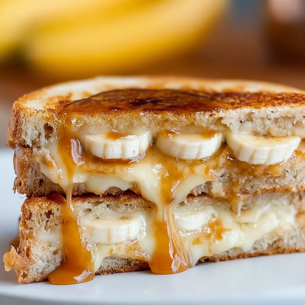 Delicious honey banana grilled cheese sandwich with melted cheese and toasted bread