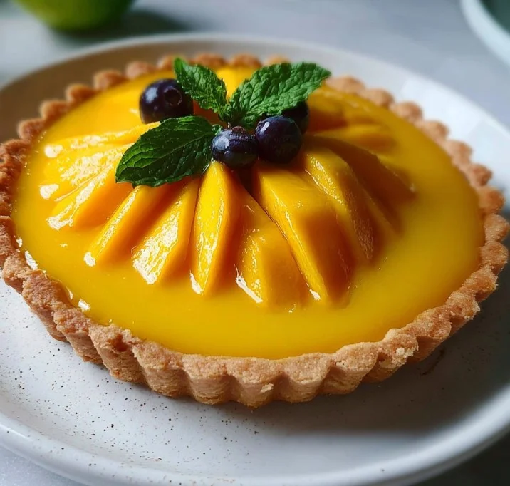 Deliciously bright mango curd tart served with fresh fruit and whipped cream