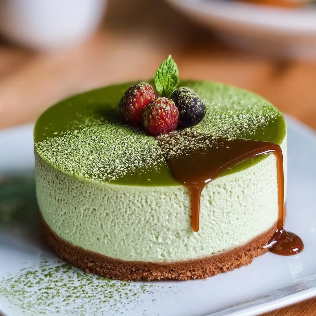 Slice of irresistible matcha rare cheesecake served on a plate