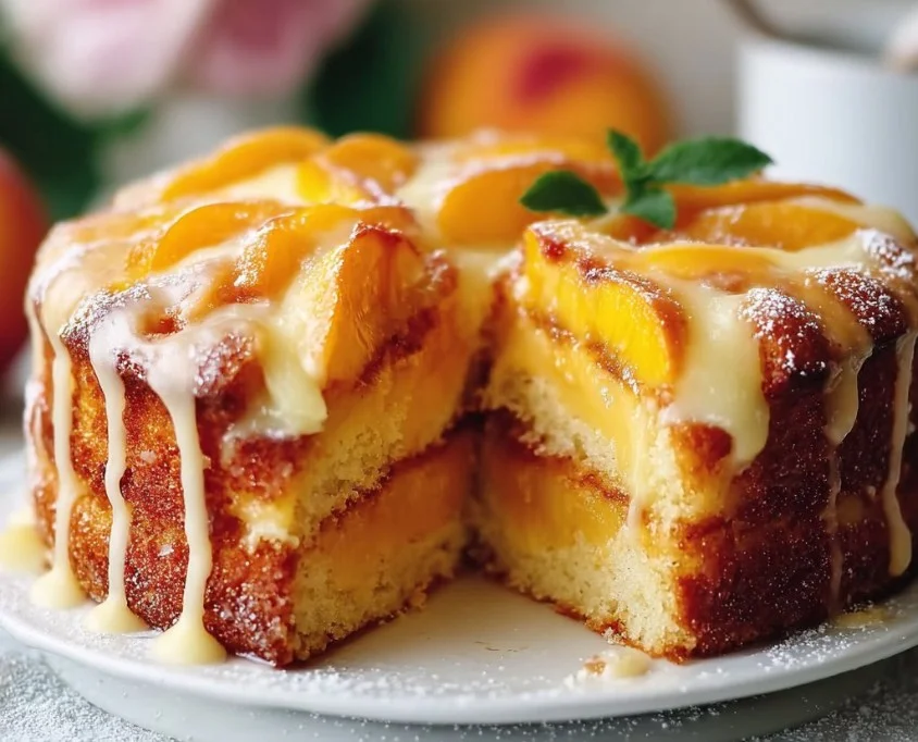 Juicy summer peach cake topped with fresh peaches and whipped cream