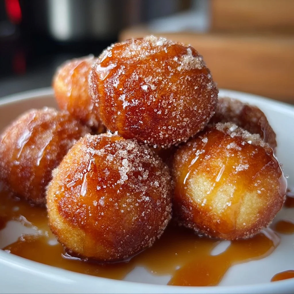 Mini doughnut bites coated in cinnamon sugar on a plate