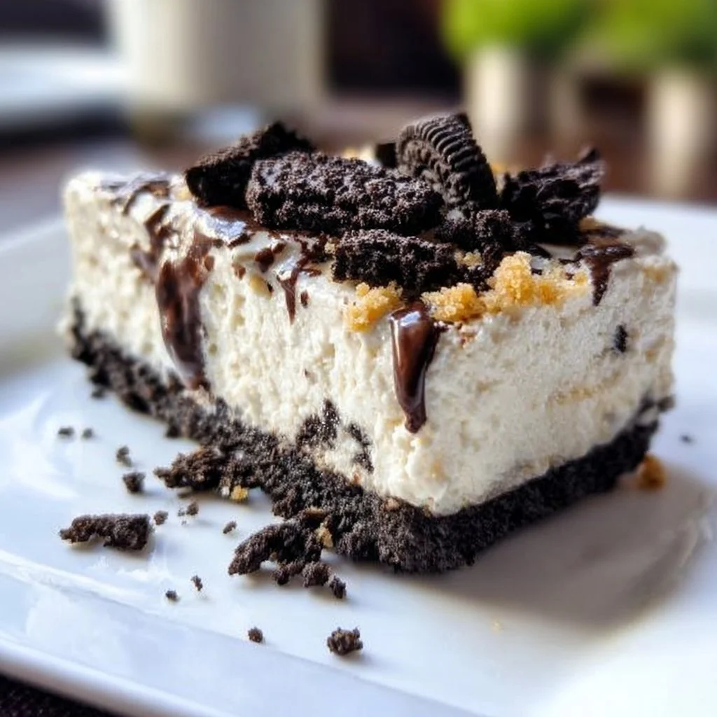 No Bake Oreo Cheesecake topped with crushed Oreos and chocolate drizzle