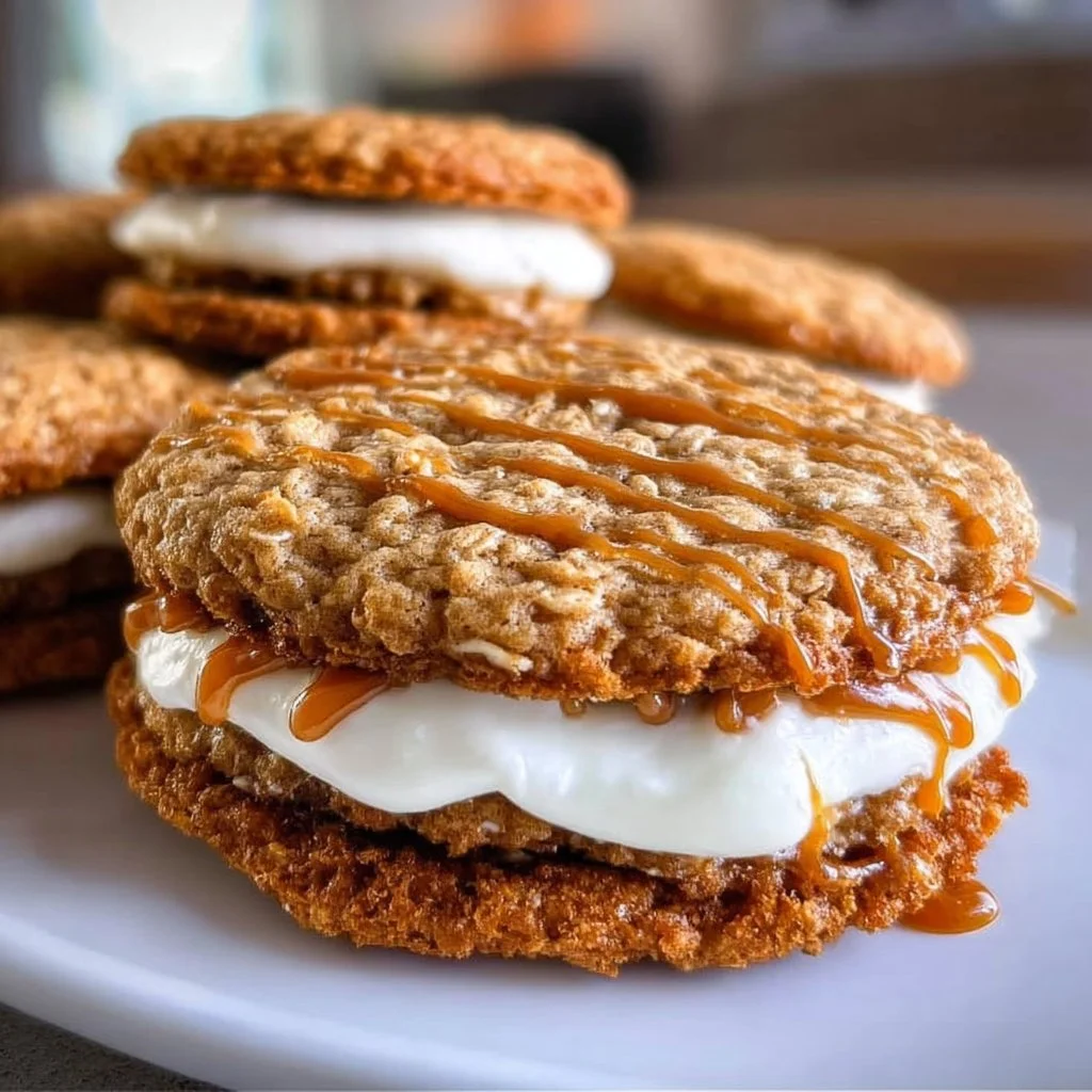 Delicious Oatmeal Cream Pie Cookies with creamy filling and oats.