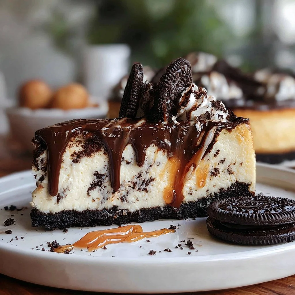 Delicious Oreo Cheesecake topped with crushed Oreos and chocolate drizzle