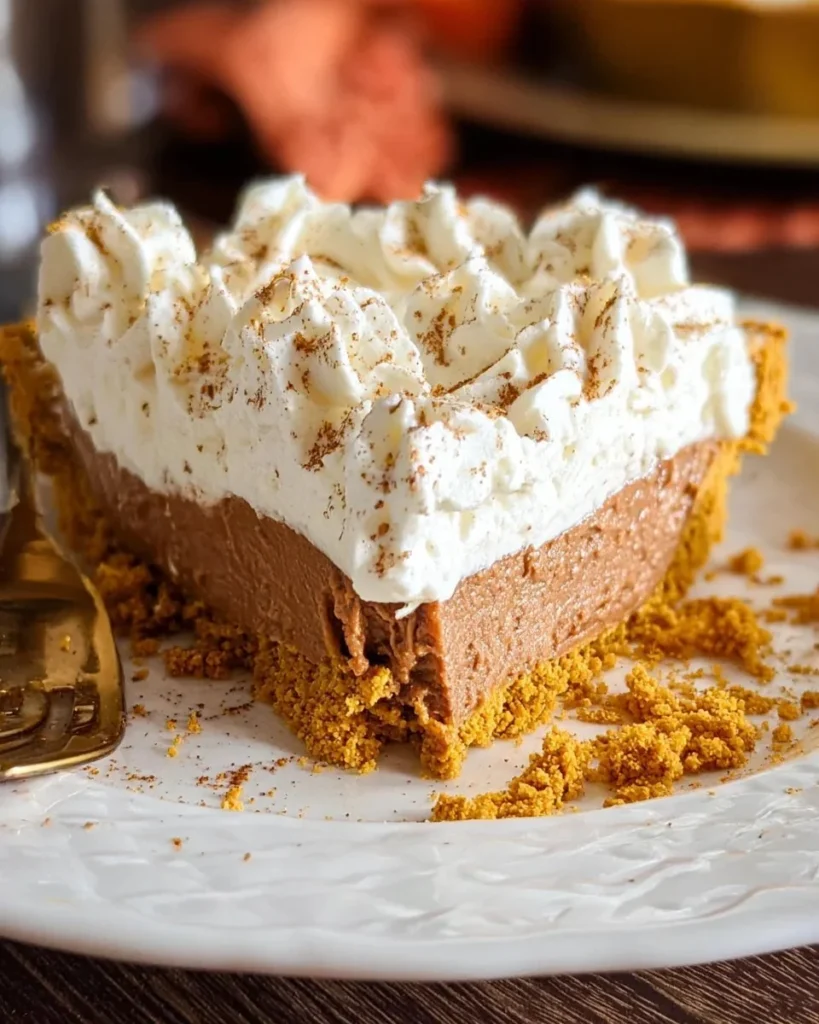 Slice of creamy Pumpkin Silk Pie on a white plate garnished with whipped cream
