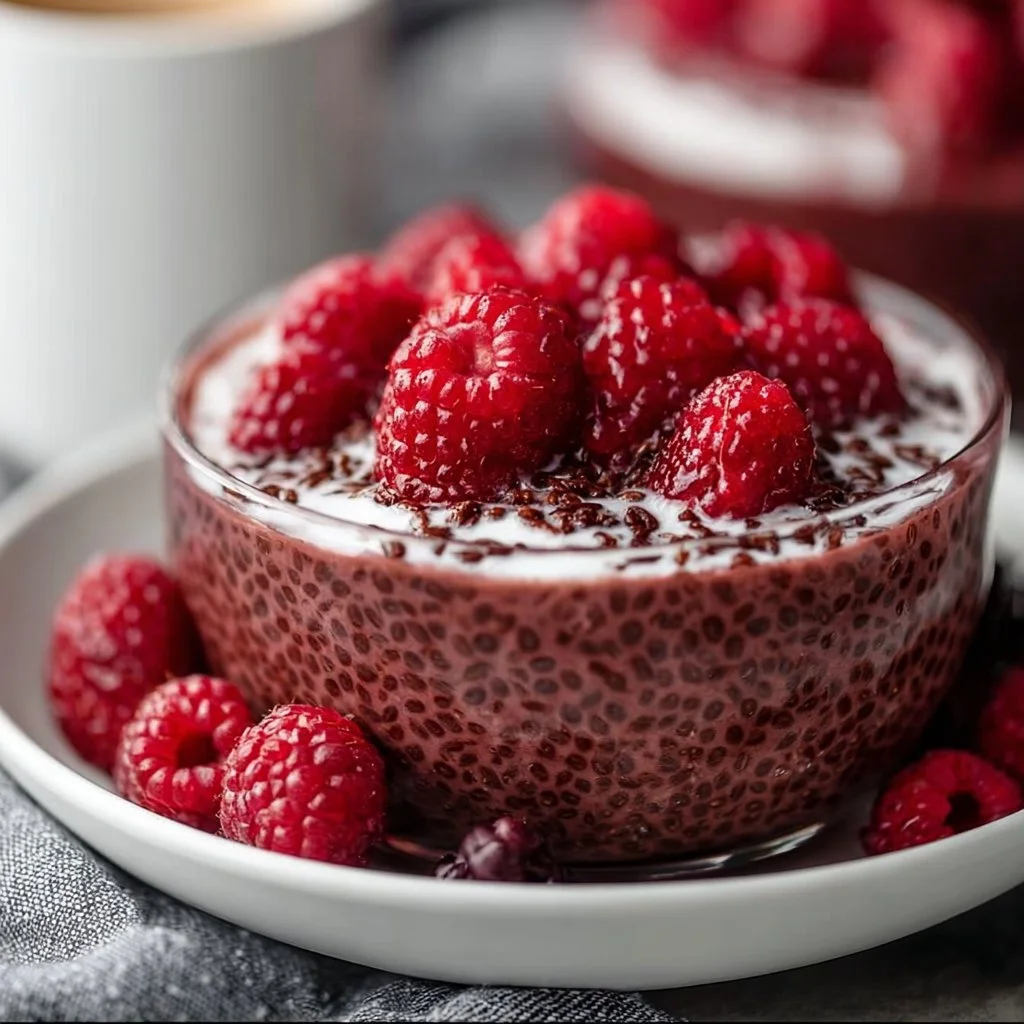 Delicious Raspberry Chocolate Chia Pudding in a clear jar with toppings