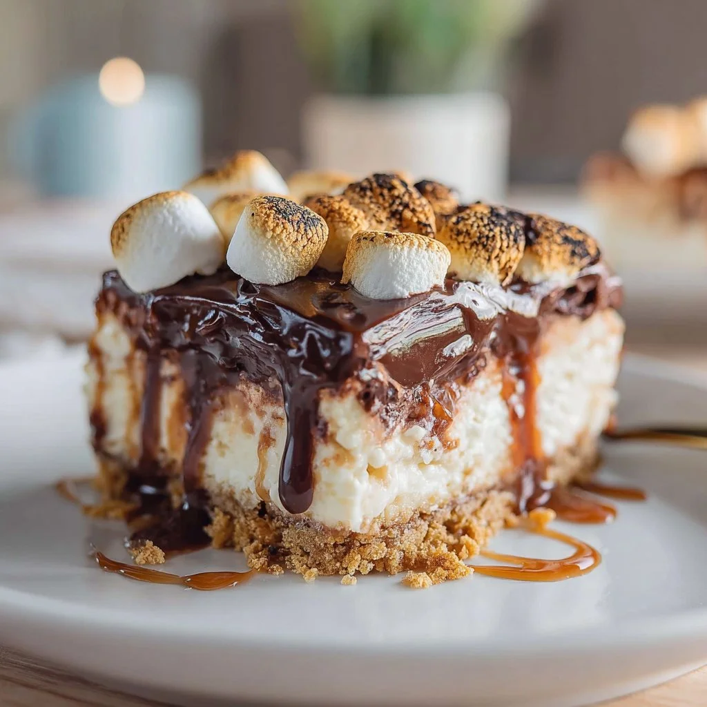 Delicious S'mores Cheesecake Bars with chocolate and marshmallows