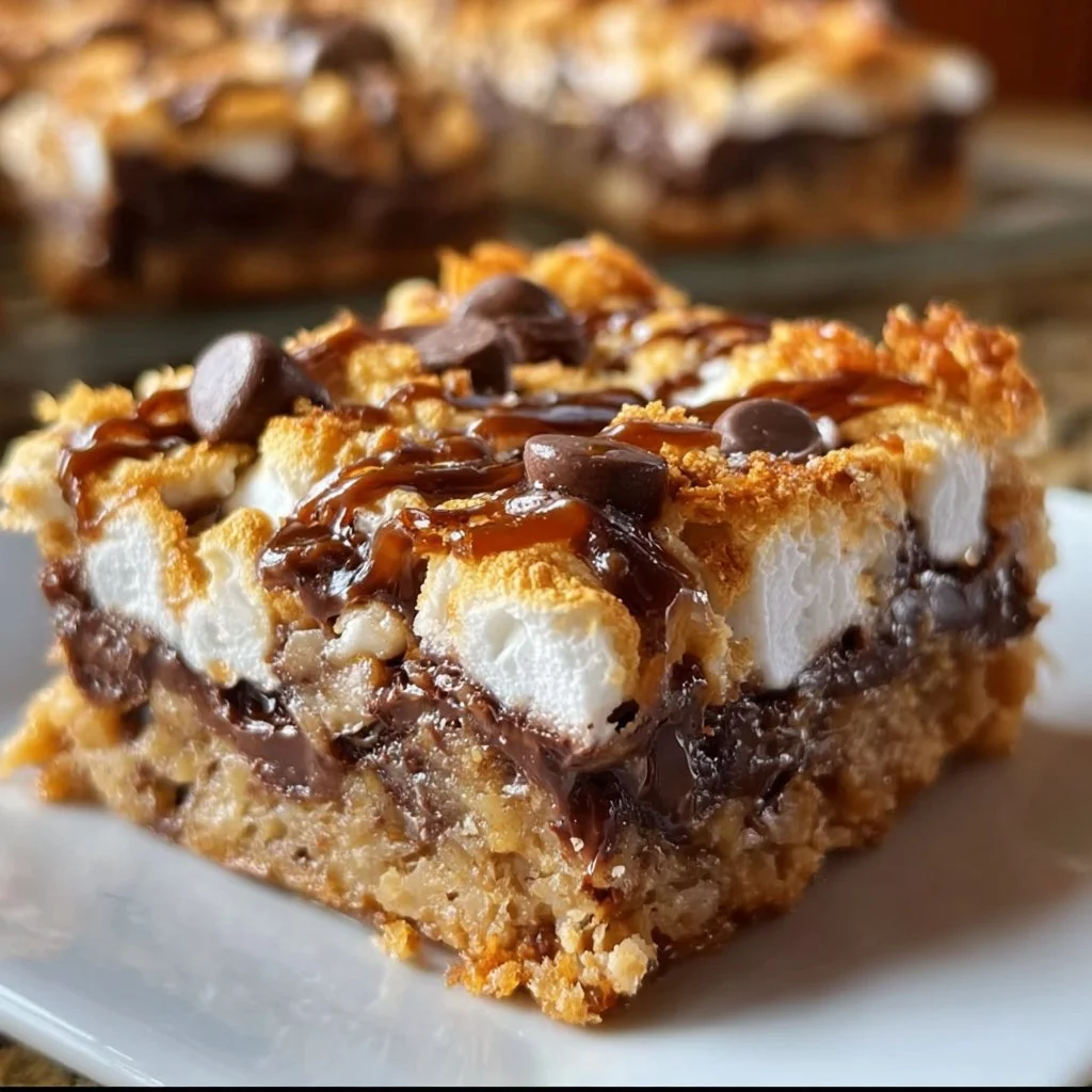 Decadent S'mores Seven Layer Bars ready to be enjoyed.