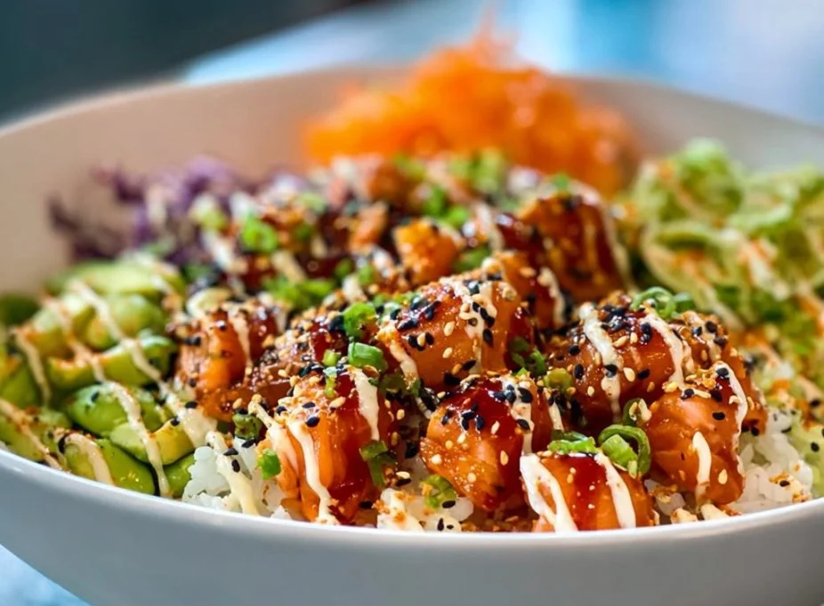 Spicy salmon rice bowl topped with fresh ingredients and garnished