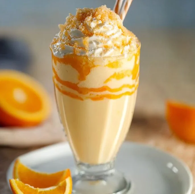 Delicious orange creamsicle milkshake topped with whipped cream and orange slices