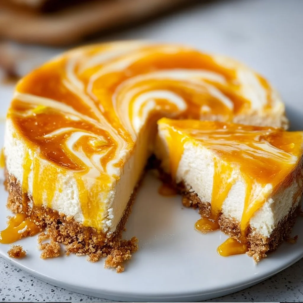 Slice of Apricot Swirl Cheesecake with creamy texture and apricot topping