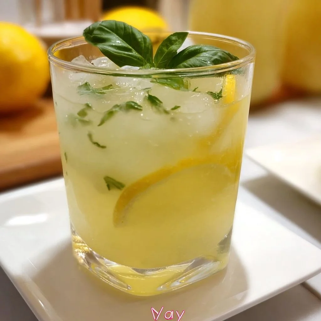A refreshing glass of homemade Basil Lemonade with basil leaves and lemon slices.